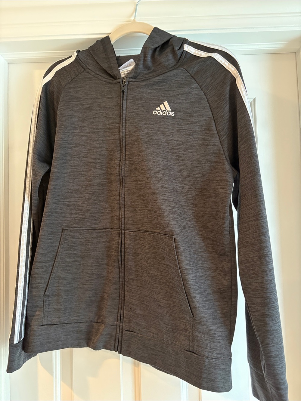 Adidas Kids Charcoal Gray Full-Zip Hoodie with White Stripes, Pockets